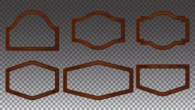 Cartoon wood texture sign board vector game ui border. Vintage wooden frame label isolated, Brown boarder plank illustration set. Antique nail saloon retro panel element.