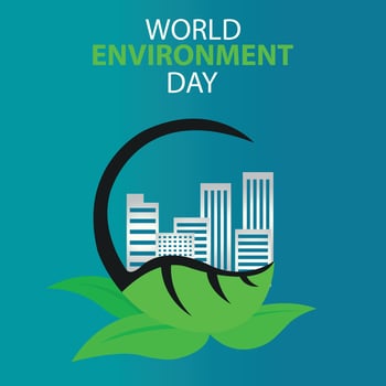 illustration vector graphic of urban buildings behind green leaves, perfect for international day, world environment day, celebrate, greeting card, etc.