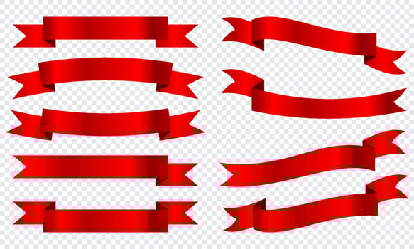 Silk red ribbons and labels collection. Ribbons collection. Banner symbol set. Vector illustration