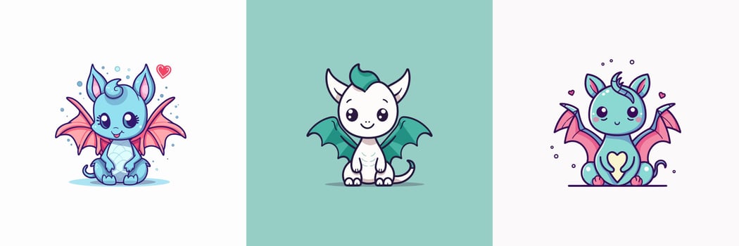 Cute baby dragon kawaii chibi cartoon set collection illustration vector