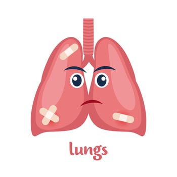 Sick lungs with pain ache or disease. Sad cartoon character lungs, body organ injured or unhealthy. Human cartoon anatomy, kids medicine. Vector illustration.