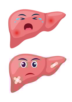 Sick liver with pain ache or disease. Sad cartoon character liver, body organ injured or unhealthy. Human cartoon anatomy, kids medicine. Vector illustration.