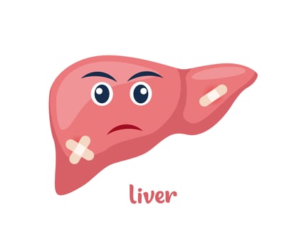 Sick liver with pain ache or disease. Sad cartoon character liver, body organ injured or unhealthy. Human cartoon anatomy, kids medicine. Vector illustration.