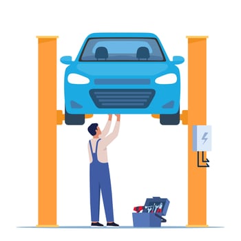 Car repair. Auto mechanic near the car lifted on autolifts. Car service and repair, diagnostics. Auto service. Vector illustration.