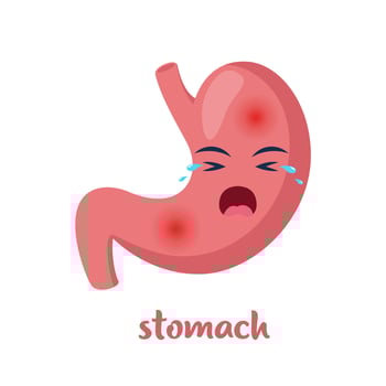 Sick stomach with pain ache or disease. Sad cartoon character stomach, body organ injured or unhealthy. Human cartoon anatomy, kids medicine. Vector illustration.