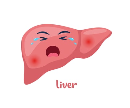 Sick liver with pain ache or disease. Sad cartoon character liver, body organ injured or unhealthy. Human cartoon anatomy, kids medicine. Vector illustration.