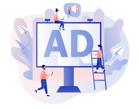 Advertising agency concept. Tiny people and big advertisement banner. Service advertisement, Outdoor advertising, Digital marketing, SMM. Modern flat cartoon style. Vector illustration