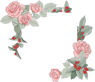 Floral frame on an isolated background. A square frame of roses and leaves for the design of invitations, cards, paper, books, websites, decor, design, etc. Vector illustration