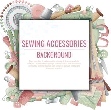 Frame with sewing accessories. Vector template with drawn colorful illustrations of sewing tools and supplies. Poster, banner for a sewing shop or studio