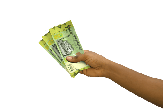 Fair hand holding 3D rendered Yemeni rial notes isolated on transparent background png