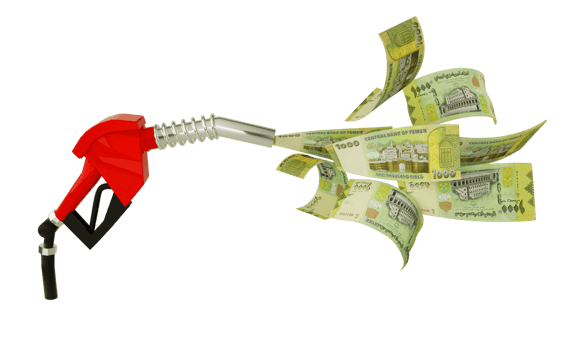 3d rendering of Yemeni Rial notes coming out from fuel pump. red fuel nozzle with Rial flying around png