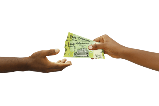 Hand giving 3D rendered 50 Yemeni Rial notes to another hand. Hand receiving money png