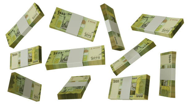 3D rendering of stacks of Yemeni Rial notes flying in different angles and orientations isolated on transparent background png