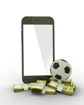 3D rendering of a mobile phone with soccer ball and stacks of Yemeni Rial notes isolated on transparent background. png