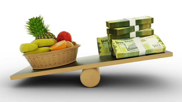 Inflation in Yemen, Weighing Yemeni currency against foodstuffs, high cost of living, 3d rendering png