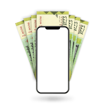 3d Illustration of Yemeni Rial notes behind mobile phone png