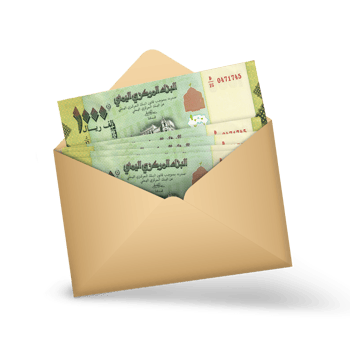 Yemeni Rial notes inside an open brown envelope. 3D illustration of money in an open envelope png