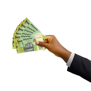 Black hand with suit holding Yemeni Rial notes isolated on transparent background, 3d rendering png