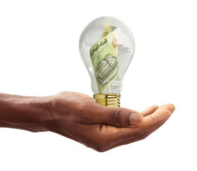 Black Hand holding 3d rendered Yemeni Rial note inside transparent light bulb, creative thinking. Making money by solving problem. Having idea concept png