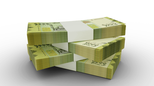 3d rendering of Stack of 1000 Yemeni Rial notes. Few bundles of Rial currency isolated on transparent background png