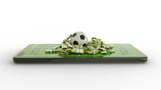 3d rendering of Mobile phone Soccer betting. Football and Yemeni Rial notes on phone screen. Soccer field on smartphone screen isolated on transparent background. bet and win concept png