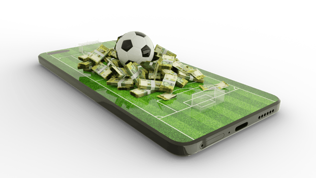 3d rendering of Mobile phone Soccer betting. Football and Yemeni Rial notes on phone screen. Soccer field on smartphone screen isolated on transparent background. bet and win concept png