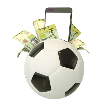 3d rendering of Yemeni Rial notes and phone behind soccer ball. Sports betting, soccer betting concept isolated on transparent background. mockup png