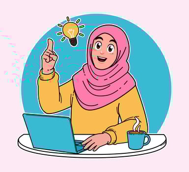 hijab woman, woman working on a laptop, working on implementing new ideas at work, a cup of hot coffee vector