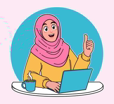 hijab woman, woman working on a laptop, a cup of hot coffee vector