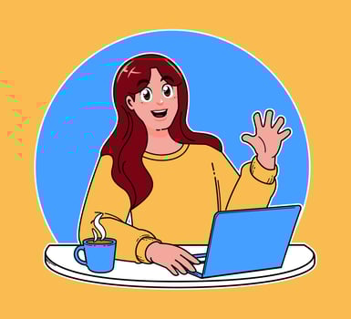 woman working on a laptop, working on implementing new ideas at work, a cup of hot coffee vector