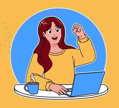 woman working on a laptop, working on implementing new ideas at work, a cup of hot coffee vector