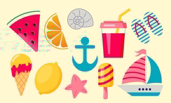 Set of summer icons food, drinks, fruits and boat. vector