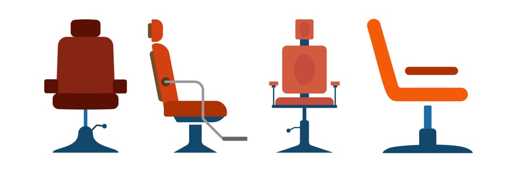Barbers or hairdressers chair side view, flat vector illustration or icon set. Barbershop modern equipment and furnishing element for emblem or logo.