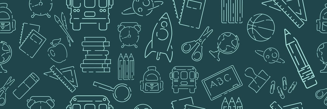 Back to school icons seamless pattern. Green or blackboard background. School, office supplies. Doodle icons and chalk inscription. Banner, poster template. Flat style vector illustration.