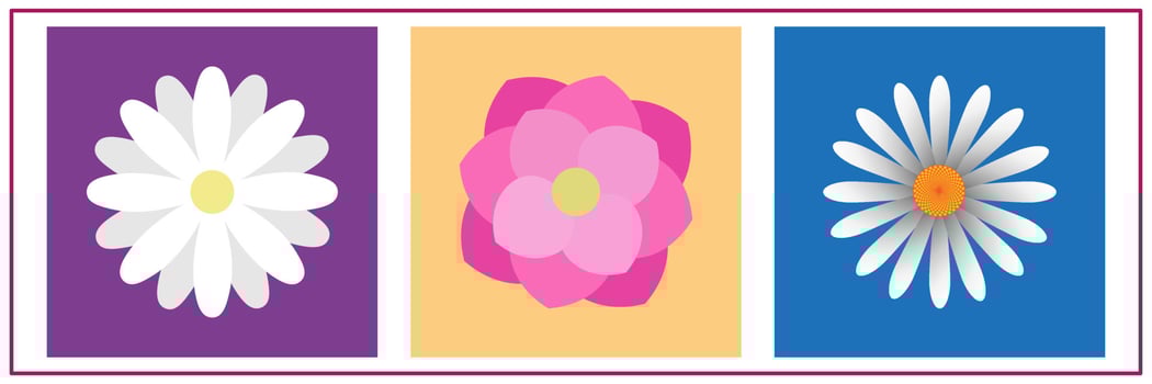 Flower shapes and doodle design elements. Spring or summer flowers and plants. Contemporary modern trendy vector illustration. Colorful simple single daisy flower.