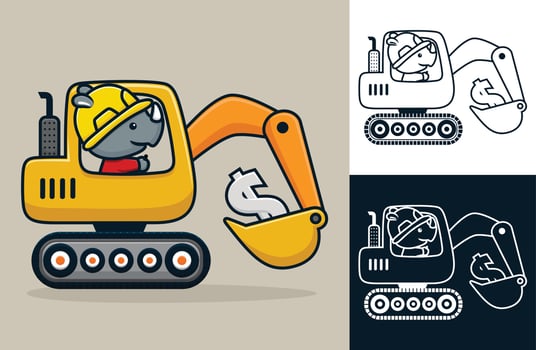 Rhino wearing worker helmet on construction vehicle with dollar symbol. Vector cartoon illustration in flat icon style