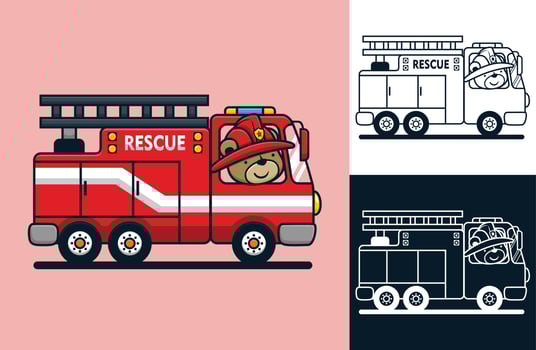 Funny bear wearing fireman helmet on firetruck. Vector cartoon illustration in flat icon style
