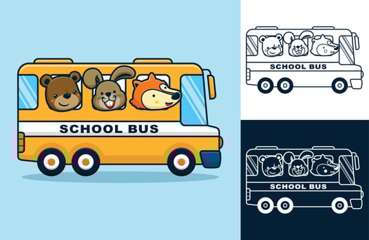Funny animals on school bus. Vector cartoon illustration in flat icon style