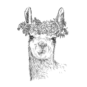 Realistic hand drawn adult mother lama alpaca with flower above head portrait vector illustration