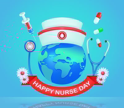 International nurses day. stethoscope, earth, injection and nurse cap 3d vector elements. Medical background