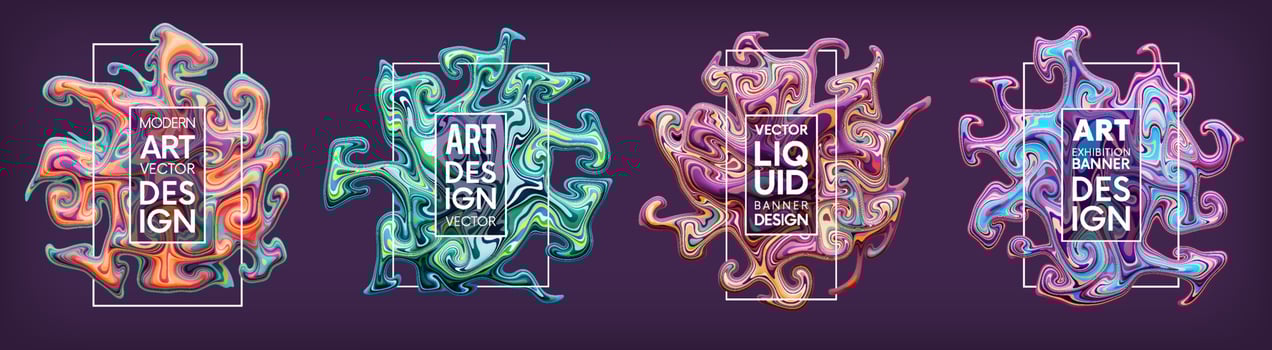 Colorful liquid paint abstract banners set. Mixture of acrylic paints. Dynamic fluid ink design. Art exhibition banner. Invitation to modern exposition or art cafe. Vector illustration