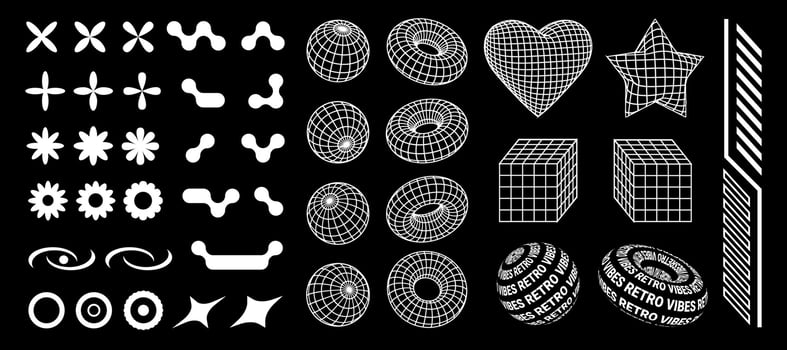 Collection of retro Y2K forms, shapes and 3d mesh objects, 2000s graphic design elements, 00s aesthetic set. vector