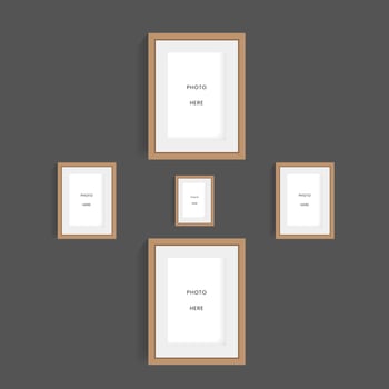 Groups of wooden frames of pictures on dark wall mock up designs, and picture frames vector designs on the wall  mock up vector illustration