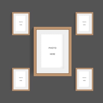 Modern set of Five wooden picture frames mock up design vector