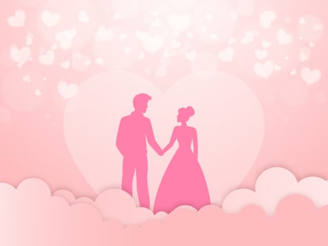 Beautiful Love Greeting Card Design, Silhouette of Romantic Couple Character on Pink Paper Cut Cloudy and Hearts Background. vector