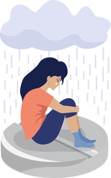 Depressed Sad woman sit on drug tablet. Depression pills. Depression drugs. Psychological illness concept vector