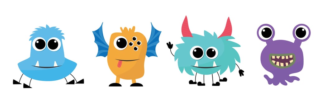 Cute monster characters set vector illustration. Cartoon alien animals with funny faces, furry beast with tongue and horns, scary teeth and many crazy eyes, expression collection isolated white