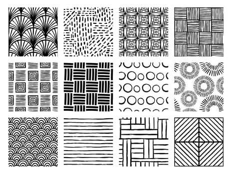 Set of Aesthetic Contemporary printable seamless pattern with abstract Minimal elegant line brush stroke shapes and line in black and white colors. vector
