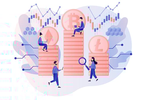 Rating Crypto currency. Bitcoin, altcoin. Digital web money. Blockchain. Fintech industry. Business, finance. Tiny people trading and investing. Modern flat cartoon style. Vector illustration