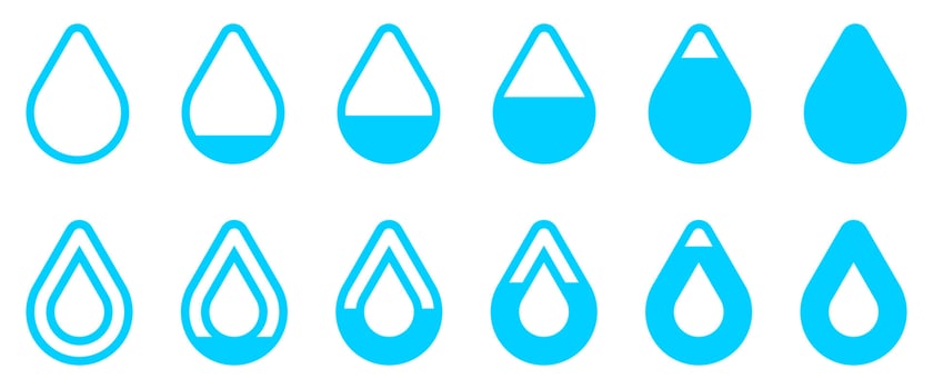 Water drop level icon set. From zero to full vector